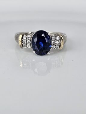 Vintage Blue Sapphire & White Topaz Ring Sterling Silver & 14k Size 8.5